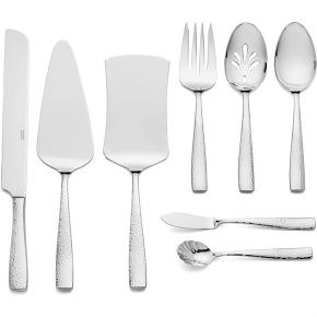 Essentials 8-Piece Hammered 18/10 Stainless Steel Flatware Serving Set - Hostess Silverware with Cake Knife & Cake Server