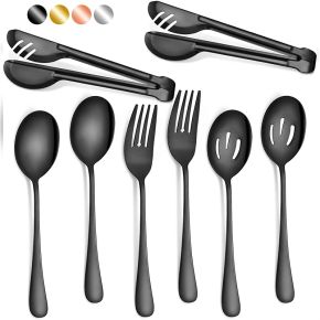 Stainless Steel Serving Utensils Large Serving Spoon Set of 9.45 Inch Metal Tongs 9 Inch Serving Forks 8.7 Inch Slotted Spoons 8.7 Inch Serving Spoons for Party Buffet Banquet Kitchen