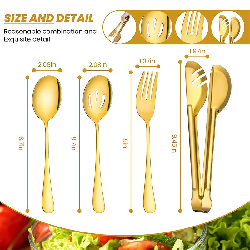 Stainless Steel Serving Utensils Large Serving Spoon Set of 9.45 Inch Metal Tongs 9 Inch Serving Forks 8.7 Inch Slotted Spoons 8.7 Inch Serving Spoons for Party Buffet Banquet Kitchen