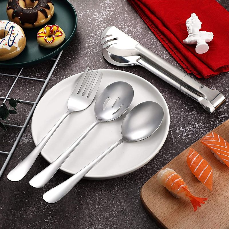 Stainless Steel Serving Utensils Large Serving Spoon Set of 9.45 Inch Metal Tongs 9 Inch Serving Forks 8.7 Inch Slotted Spoons 8.7 Inch Serving Spoons for Party Buffet Banquet Kitchen