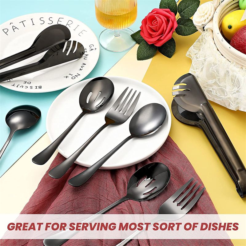 Stainless Steel Serving Utensils Large Serving Spoon Set of 9.45 Inch Metal Tongs 9 Inch Serving Forks 8.7 Inch Slotted Spoons 8.7 Inch Serving Spoons for Party Buffet Banquet Kitchen