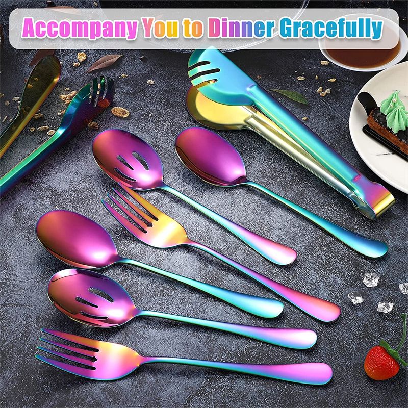 Stainless Steel Serving Utensils Large Serving Spoon Set of 9.45 Inch Metal Tongs 9 Inch Serving Forks 8.7 Inch Slotted Spoons 8.7 Inch Serving Spoons for Party Buffet Banquet Kitchen