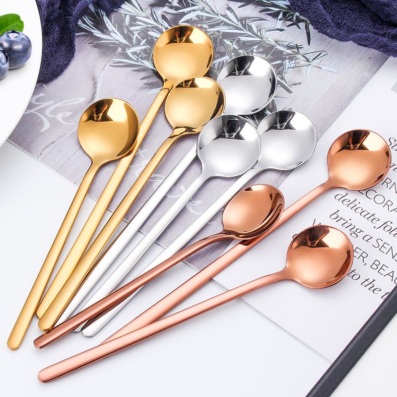 Amazon High Quality Small Metal Silverware Brass Gold Stainless Steel Plated Black Camping Long Handles Tea Dessert Coffee Spoon