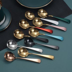 High Quality Amazon Hot Sale Long Handles And Stainless Steel Luxury Gold Kitchen Tea Salad Gold Ladle Cutlery Dessert Spoon Set