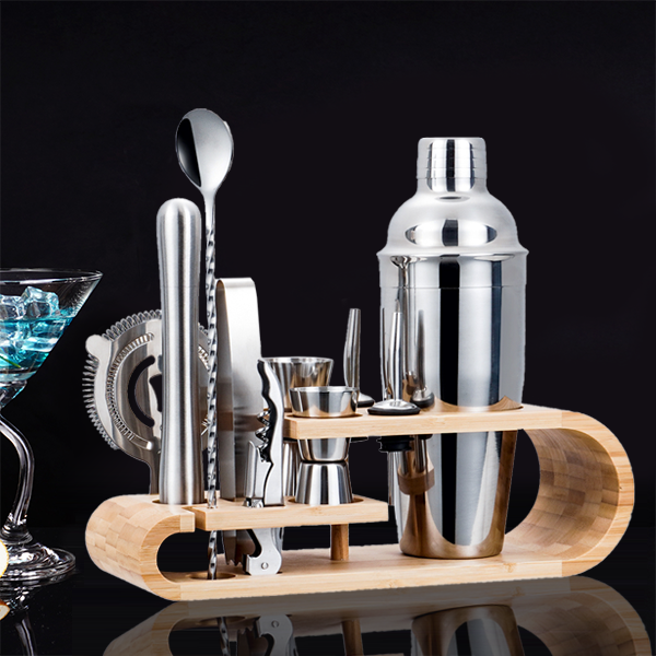 Top Seller Cocktail Shaker Set Stirrer Jigger Boston Bar Supplies Tools Stainless Steel Bartender Kit With Bamboo Stand