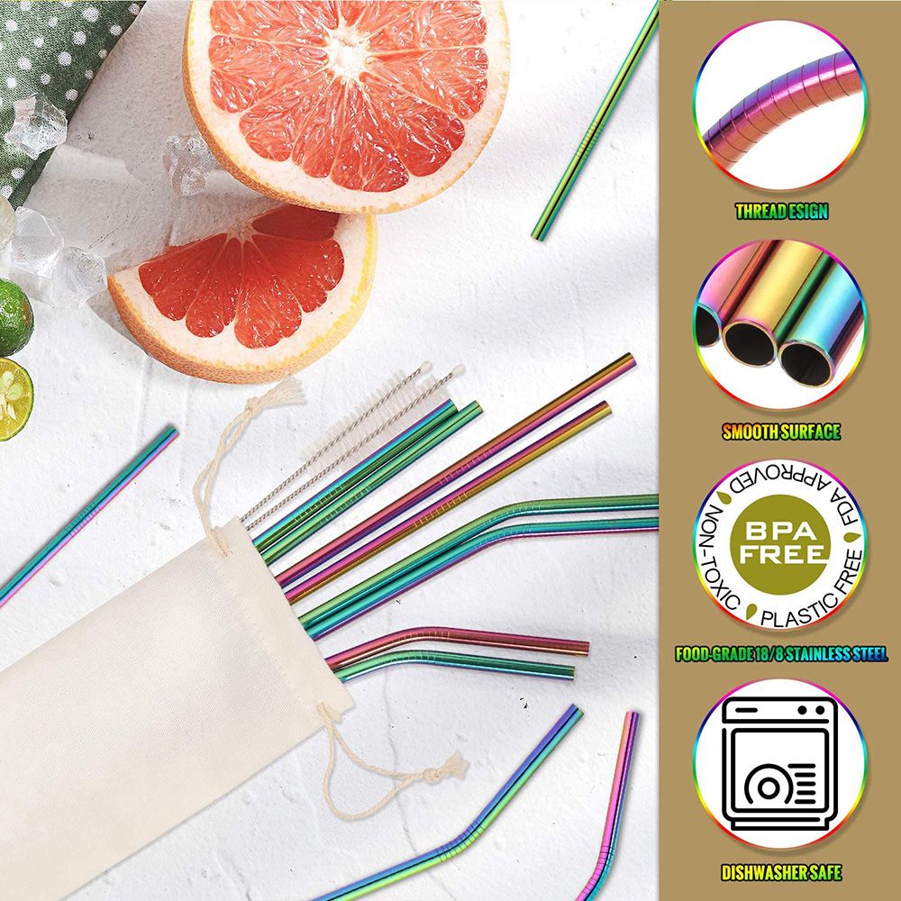 Wholesale Custom Bulk Eco Friendly Reusable Portable Cleaning Brush Stainless Steel 304 Drinking Metal Straw Set With Bag