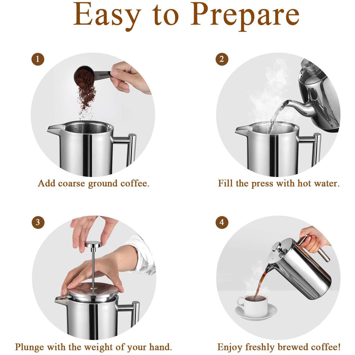 Stainless Steel 304 Double Wall Custom Modern Insulated Metal French Press Coffee Maker Pot