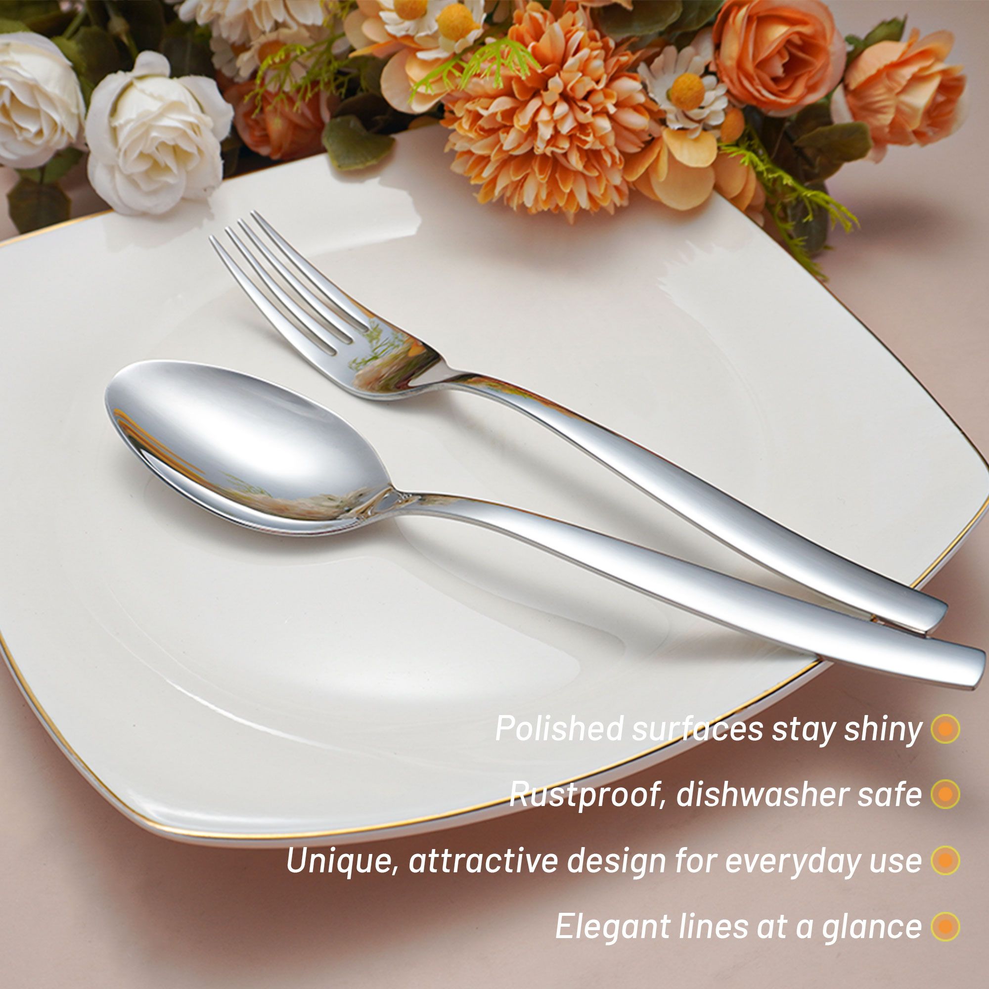 Stainless Steel Cutlery Set with Steak Knife, Elegant Cutlery Set with Knife, Fork, Spoon, Dishwasher Safe