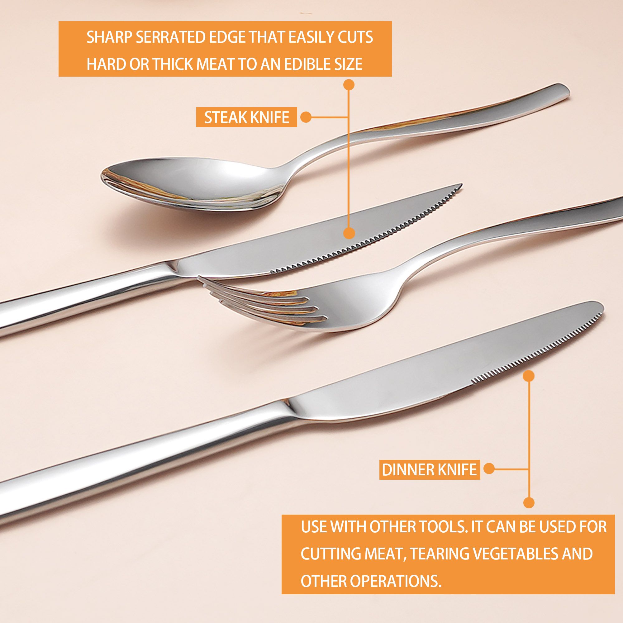 Stainless Steel Cutlery Set with Steak Knife, Elegant Cutlery Set with Knife, Fork, Spoon, Dishwasher Safe