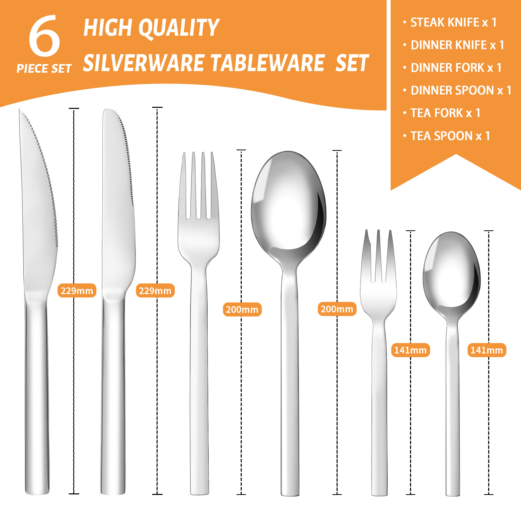 Stainless Steel Cutlery Set with Steak Knives, Elegant Flatware Set with Knives, Forks, Spoons, Cutlery for Home, Party, Restaurant, Dishwasher-Safe & Rustproof