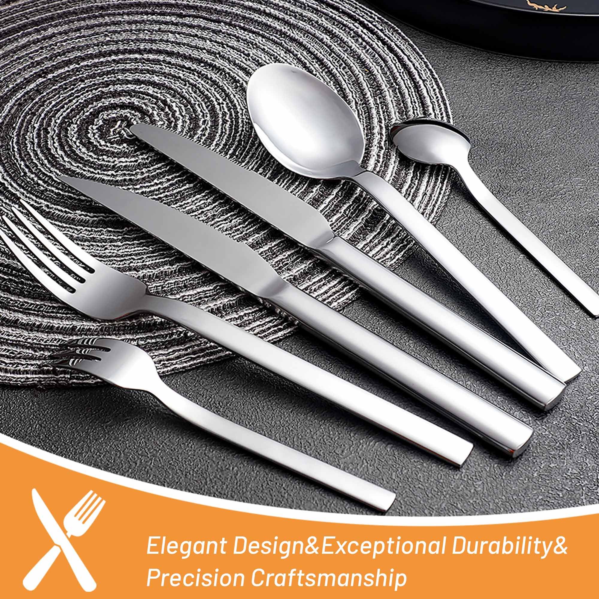 Stainless Steel Cutlery Set with Steak Knives, Elegant Flatware Set with Knives, Forks, Spoons, Cutlery for Home, Party, Restaurant, Dishwasher-Safe & Rustproof