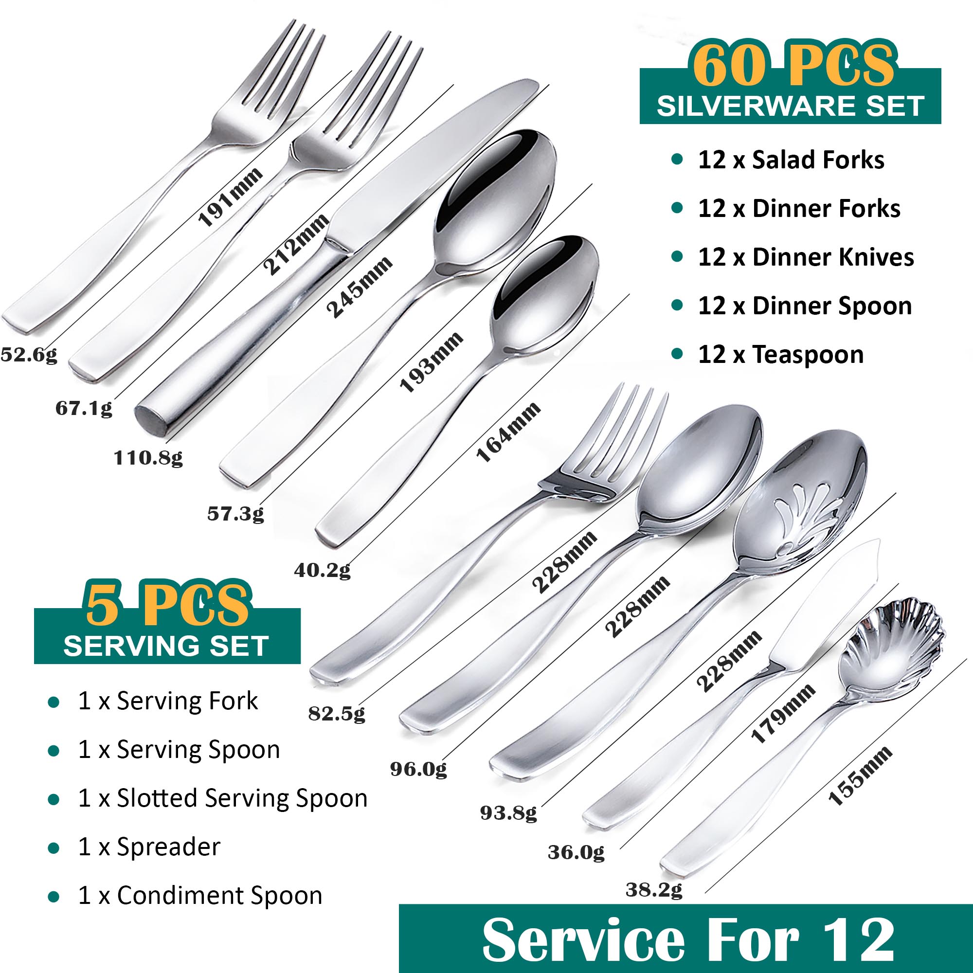 18/10 Stainless Steel Silverware Set, Modern Sleek Flatware Set Includes Knife Spoon Fork Mirror-Polished & Dishwasher Safe Cutlery
