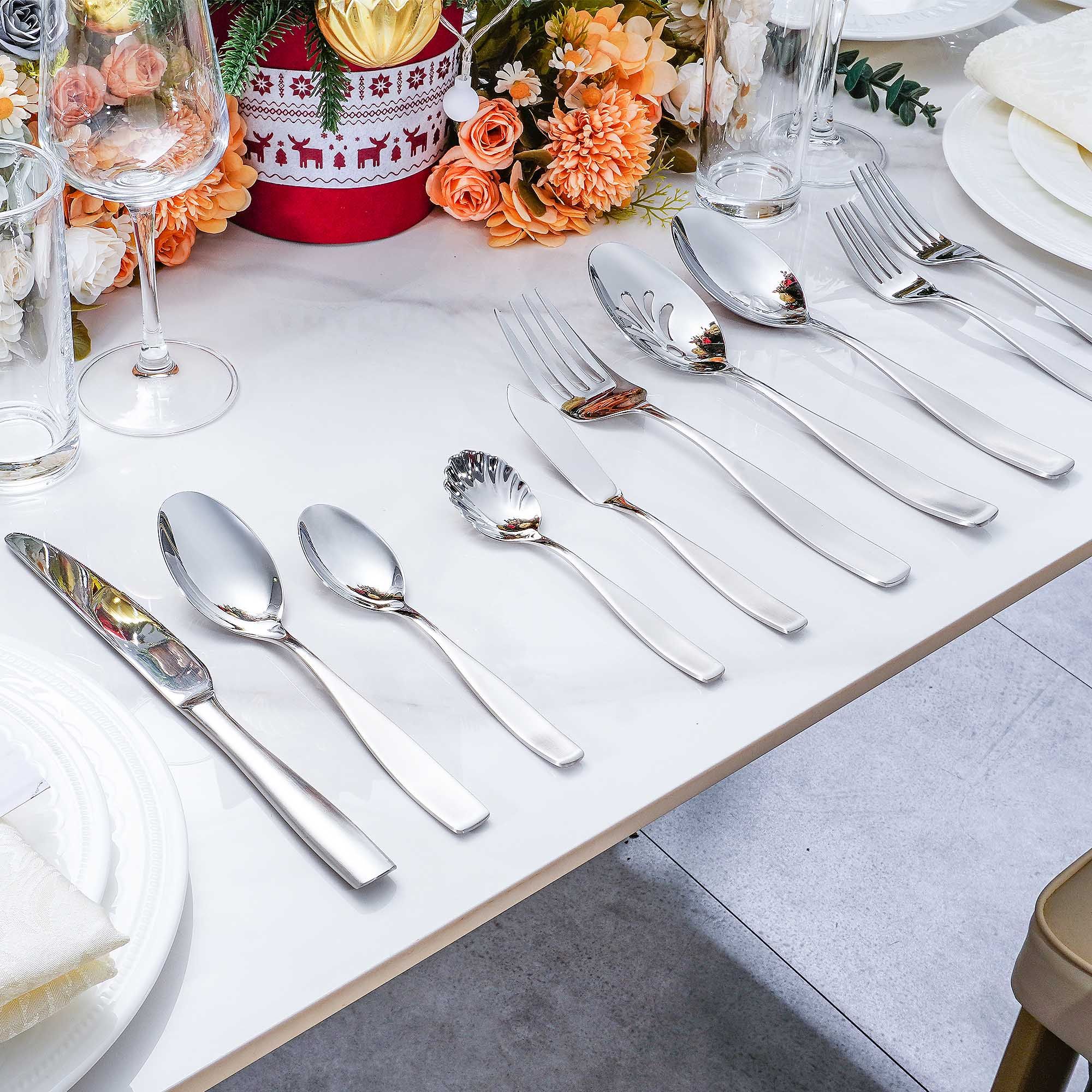 18/10 Stainless Steel Silverware Set, Modern Sleek Flatware Set Includes Knife Spoon Fork Mirror-Polished & Dishwasher Safe Cutlery